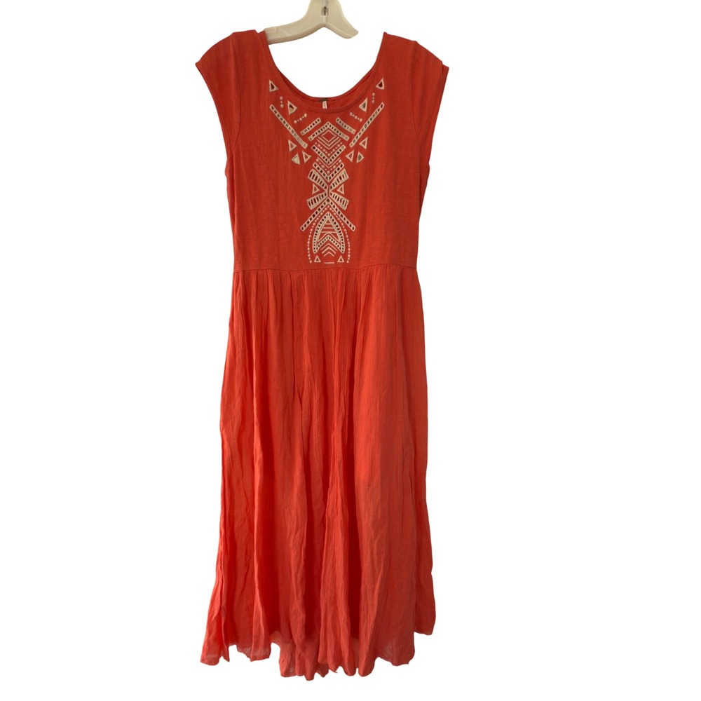 Free People Coral Orange Embroidered Mirror Cut‎ Out Back Cotton Midi Dress Sz M